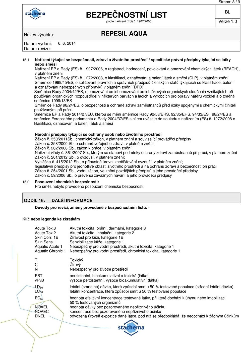 1272/2008, o klasifikaci, označování a balení látek a směsí (CLP), v platném znění Směrnice 1999/45/ES, o sbližování právních a správních předpisů členských států týkajících se klasifikace, balení a