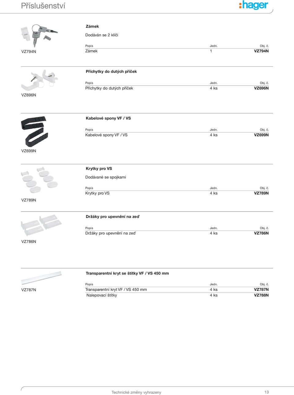 Obj. č. Držáky pro upevnění na zeď 4 ks VZ786N VZ786N Transparentní kryt se štítky VF / VS 450 mm VZ787N Popis Jedn. Obj. č. Transparentní kryt VF / VS 450 mm 4 ks VZ787N Nalepovací štítky 4 ks VZ788N Technické změny vyhrazeny 13