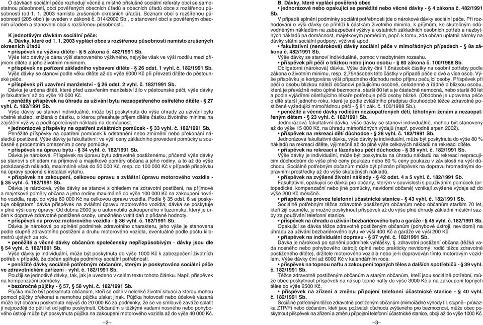 , o stanovení obcí s povûfien m obecním úfiadem a stanovení obcí s roz ífienou pûsobností. K jednotliv m dávkám sociální péãe: A. Dávky, které od 1.