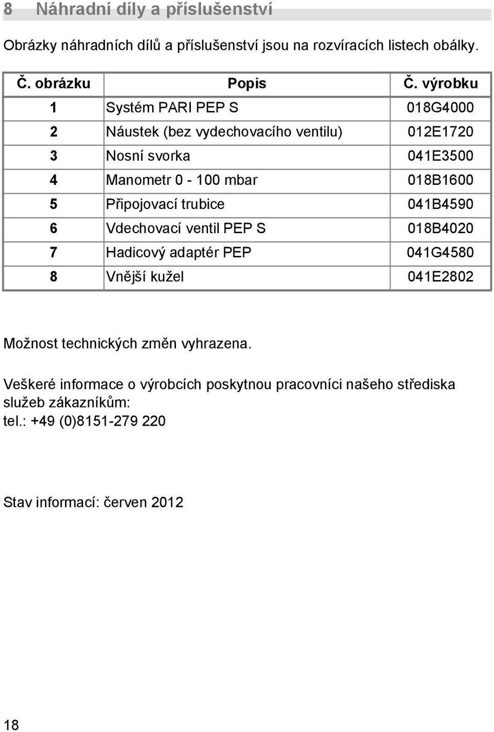 Připojovací trubice 041B4590 6 Vdechovací ventil PEP S 018B4020 7 Hadicový adaptér PEP 041G4580 8 Vnější kužel 041E2802 Možnost technických