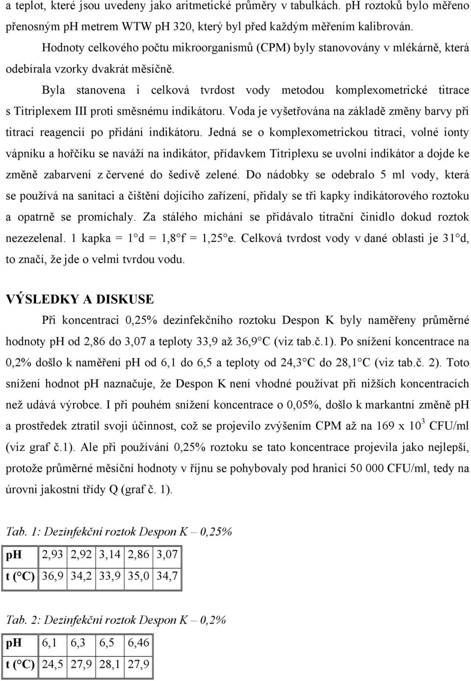 Byla stanovena i celková tvrdost vody metodou komplexometrické titrace s Titriplexem III proti směsnému indikátoru.