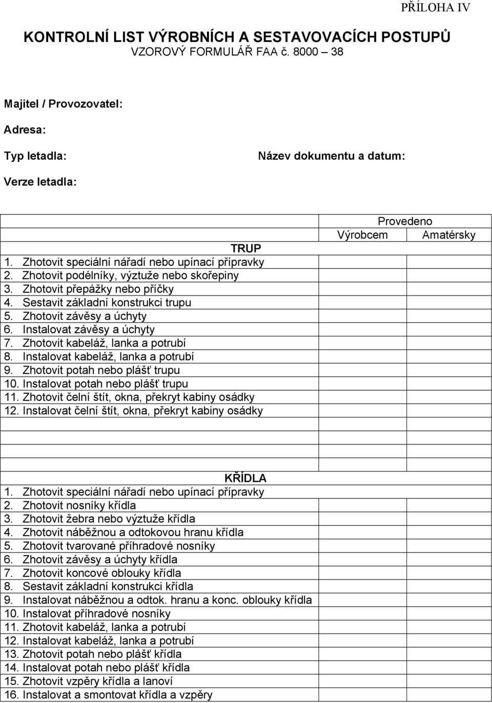 Instalovat závěsy a úchyty 7. Zhotovit kabeláž, lanka a potrubí 8. Instalovat kabeláž, lanka a potrubí 9. Zhotovit potah nebo plášť trupu 10. Instalovat potah nebo plášť trupu 11.