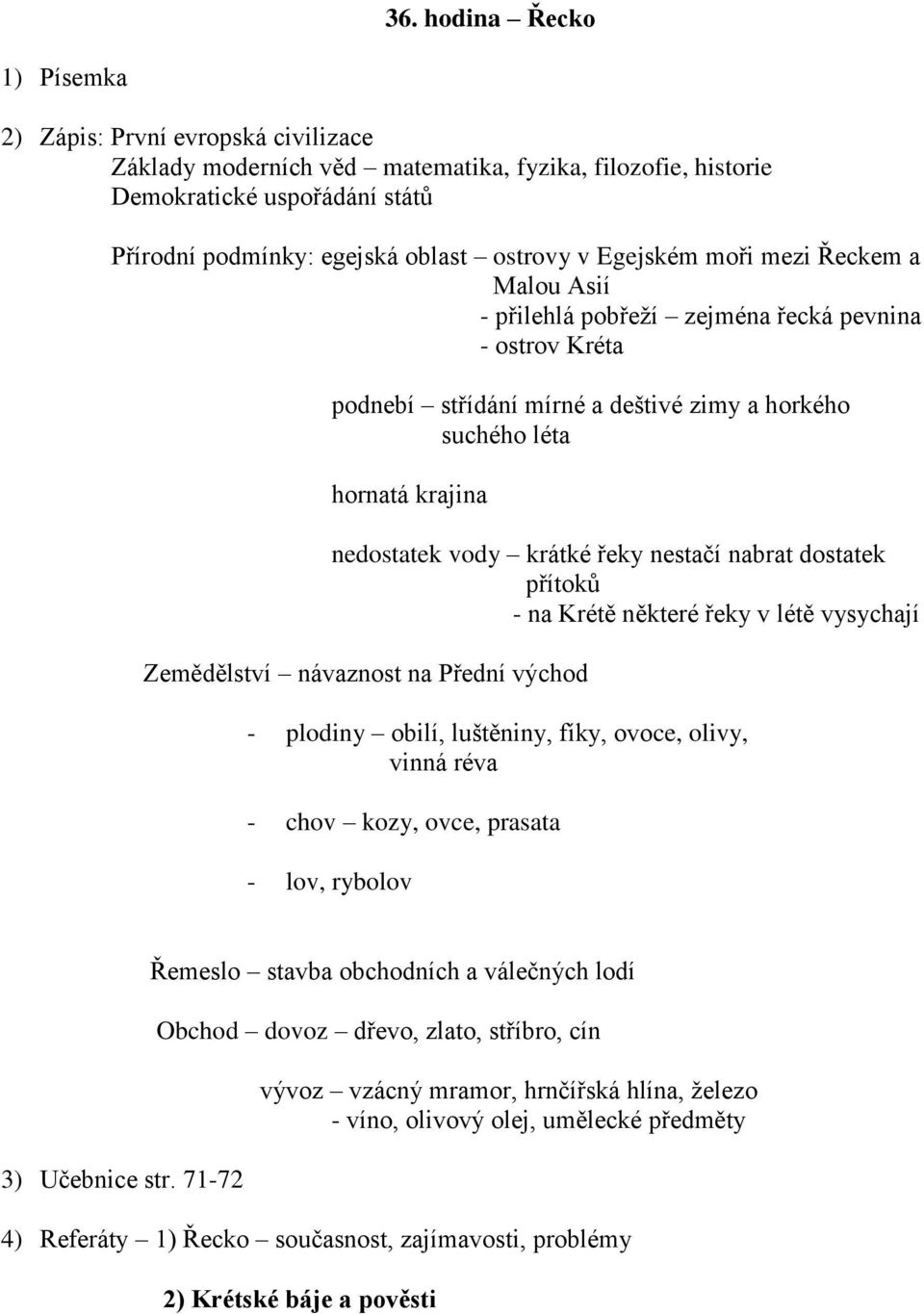 nestačí nabrat dostatek přítoků - na Krétě některé řeky v létě vysychají Zemědělství návaznost na Přední východ - plodiny obilí, luštěniny, fíky, ovoce, olivy, vinná réva - chov kozy, ovce, prasata -