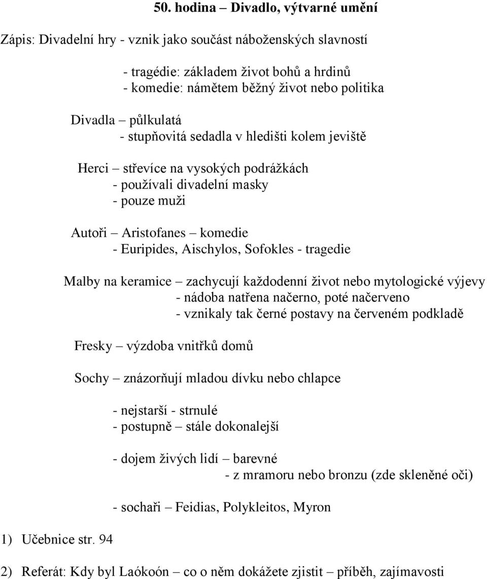 používali divadelní masky - pouze muži Autoři Aristofanes komedie - Euripides, Aischylos, Sofokles - tragedie Malby na keramice zachycují každodenní život nebo mytologické výjevy - nádoba natřena