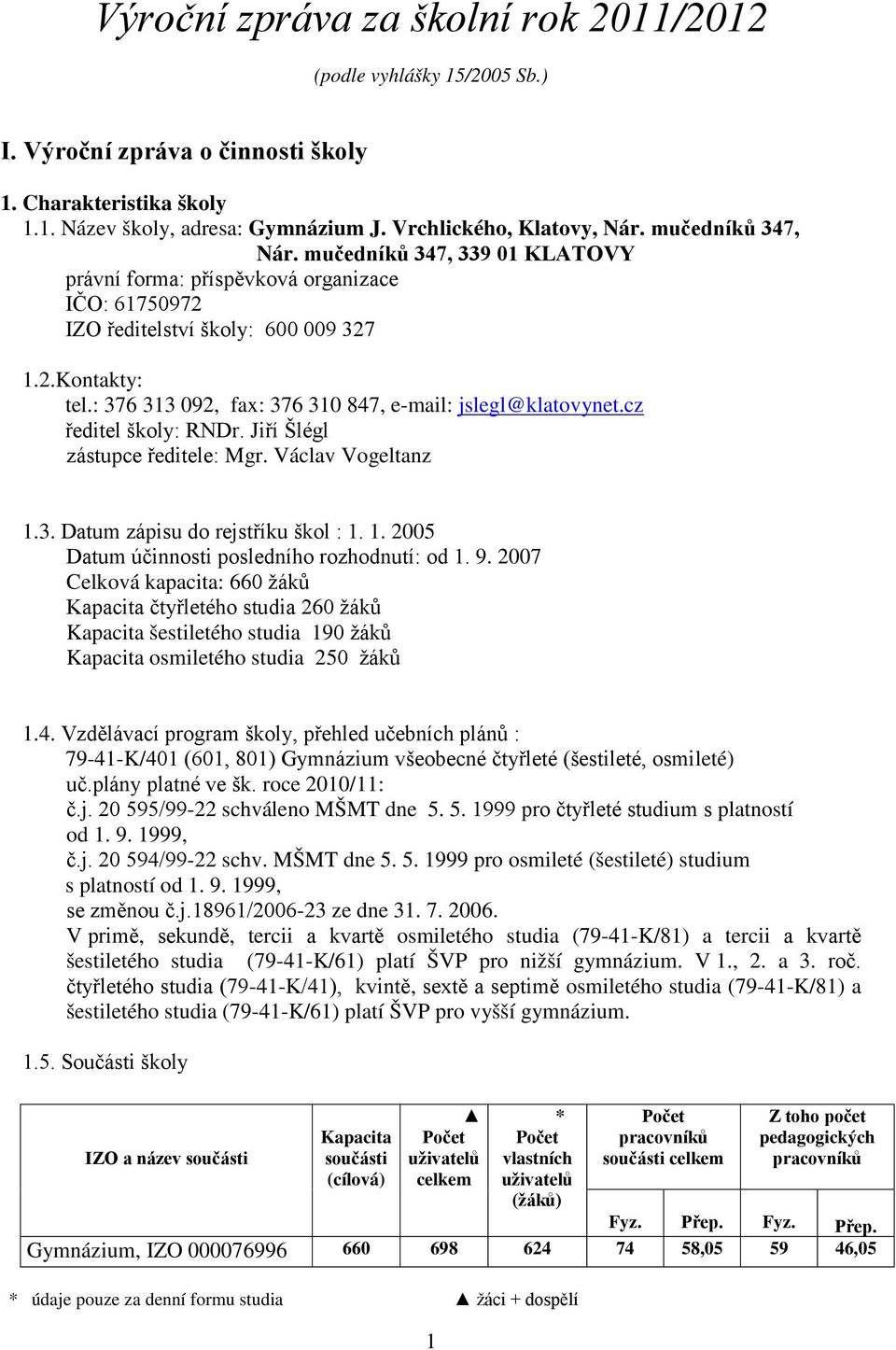 : 376 313 092, fax: 376 310 847, e-mail: jslegl@klatovynet.cz ředitel školy: RNDr. Jiří Šlégl zástupce ředitele: Mgr. Václav Vogeltanz 1.3. Datum zápisu do rejstříku škol : 1. 1. 2005 Datum účinnosti posledního rozhodnutí: od 1.