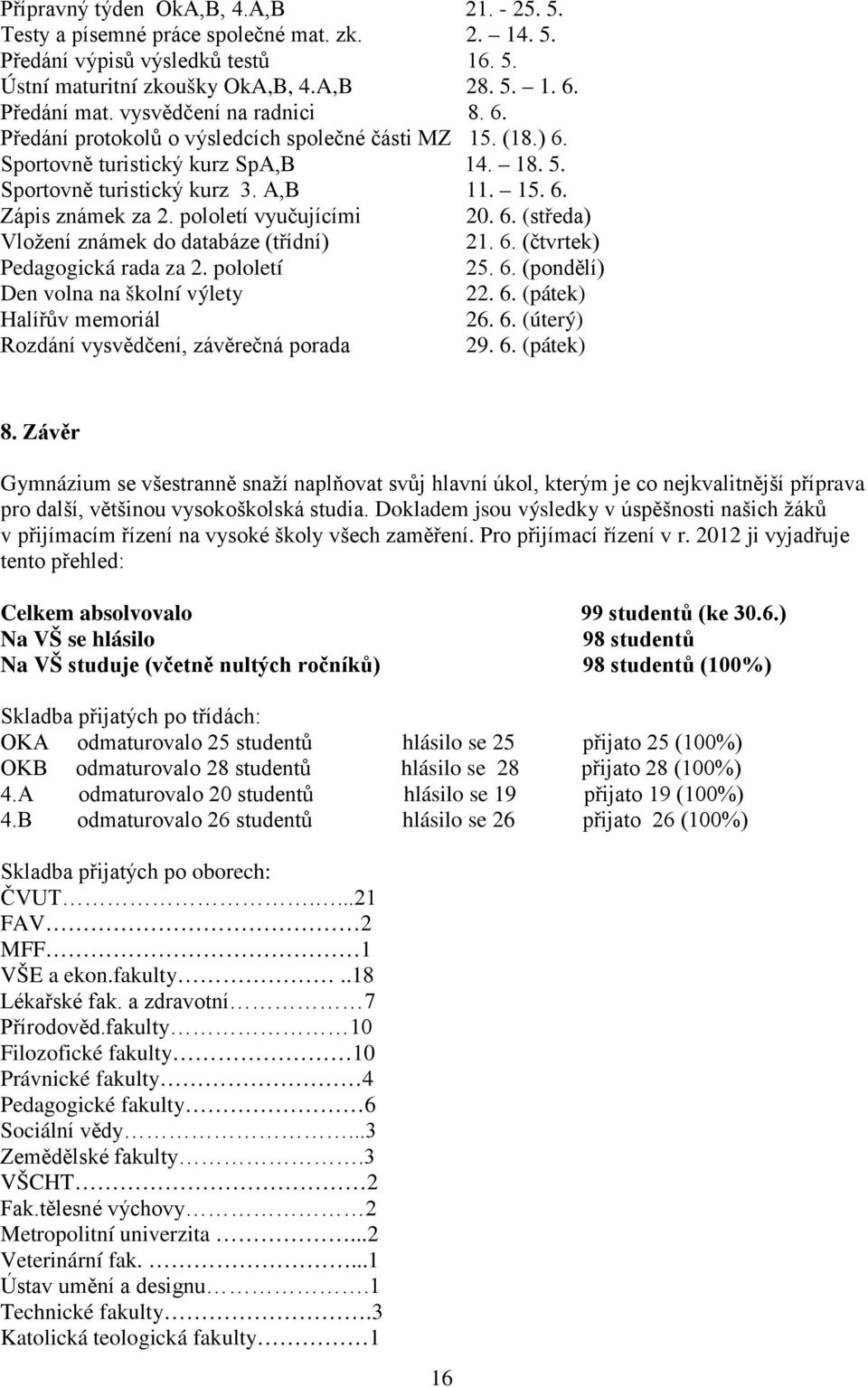 pololetí vyučujícími 20. 6. (středa) Vložení známek do databáze (třídní) 21. 6. (čtvrtek) Pedagogická rada za 2. pololetí 25. 6. (pondělí) Den volna na školní výlety 22. 6. (pátek) Halířův memoriál 26.