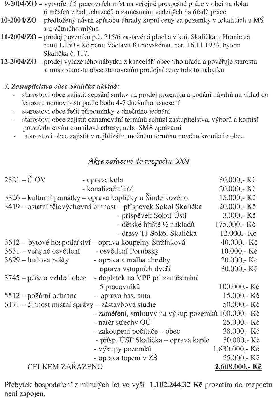 117, 12-2004/ZO prodej vyazeného nábytku z kanceláí obecního úadu a povuje starostu a místostarostu obce stanovením prodejní ceny tohoto nábytku 3.