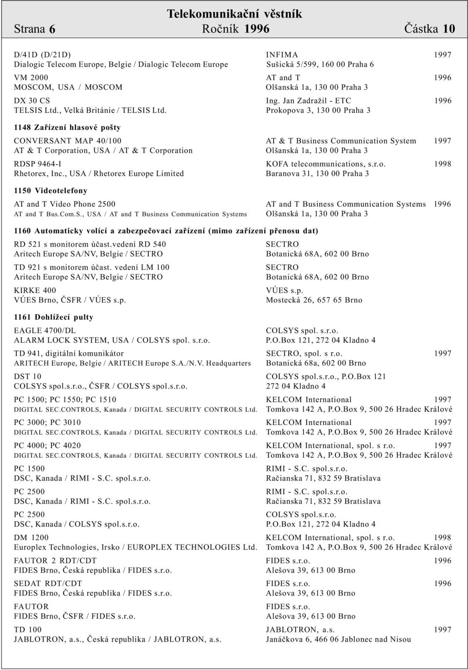 Prokopova 3, 130 00 Praha 3 1148 Zaøízení hlasové pošty CONVERSANT MAP 40/100 AT & T Business Communication System 1997 AT & T Corporation, USA / AT & T Corporation Olšanská 1a, 130 00 Praha 3 RDSP