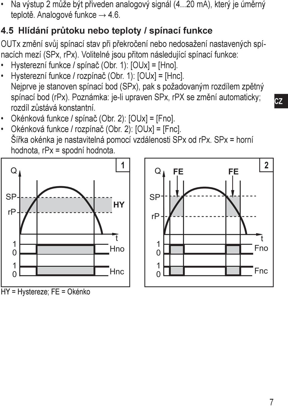 Volitelné jsou přitom následující spínací funkce: Hysterezní funkce / spínač (Obr. 1): [OUx] = [Hno]. Hysterezní funkce / rozpínač (Obr. 1): [OUx] = [Hnc].