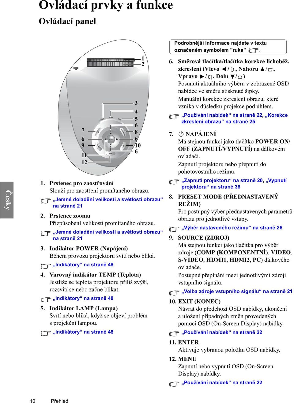 Indikátory na straně 48 4. Varovný indikátor TEMP (Teplota) Jestliže se teplota projektoru příliš zvýší, rozsvítí se nebo začne blikat. Indikátory na straně 48 1 2 5.
