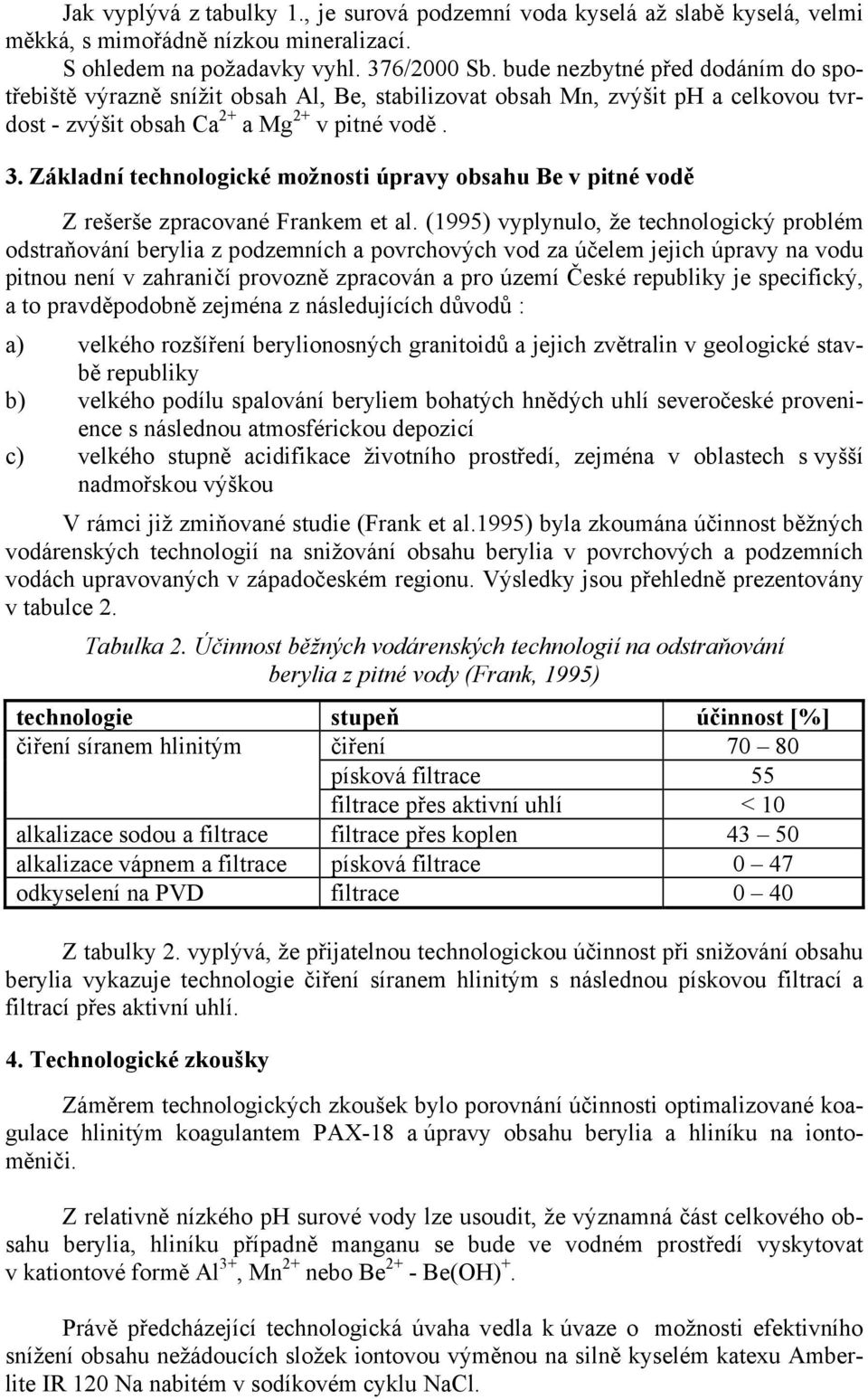 Základní technologické možnosti úpravy obsahu Be v pitné vodě Z rešerše zpracované Frankem et al.