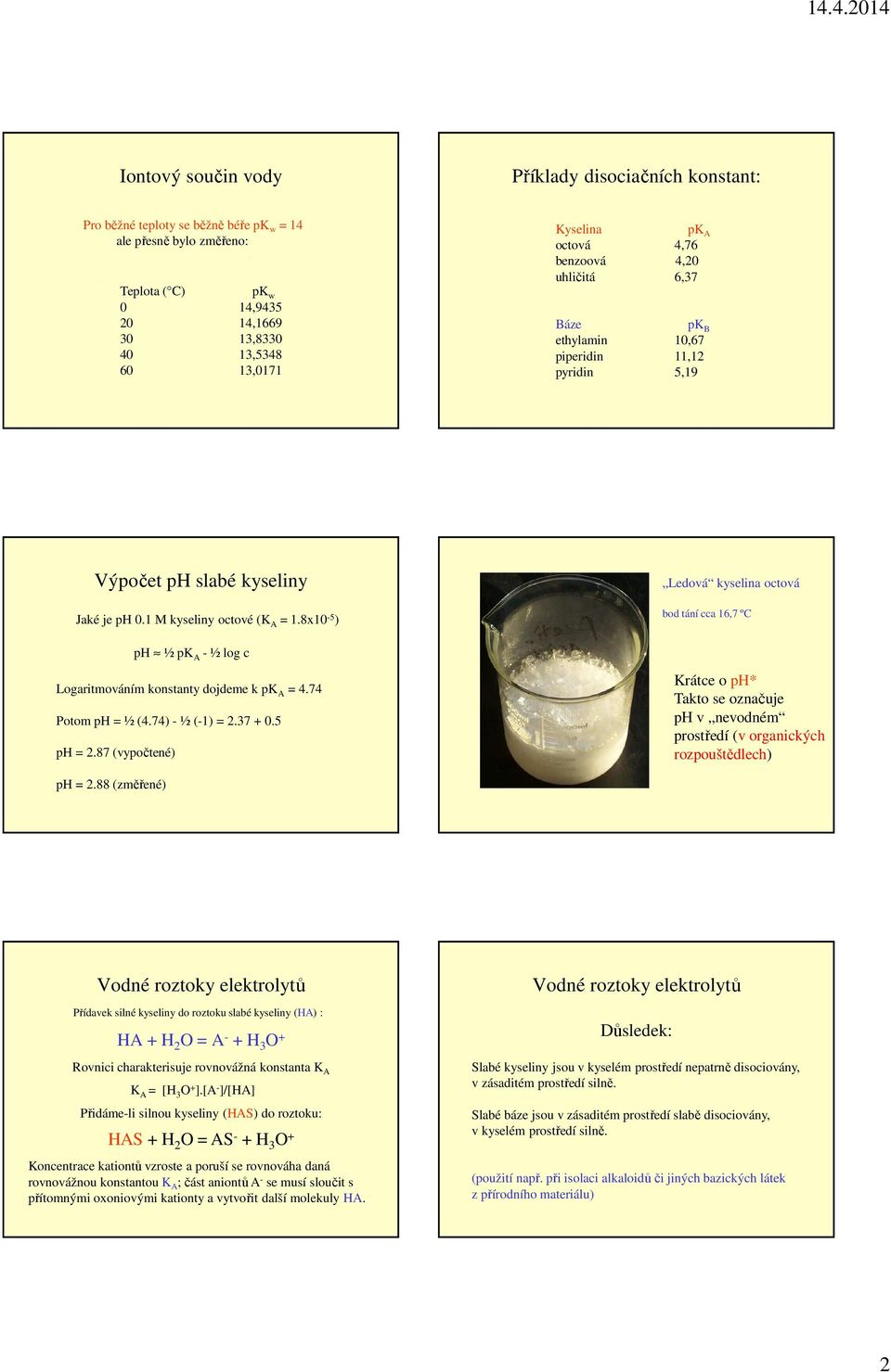 8x10-5 ) Ledová kyselina octová bod tání cca 16,7 ºC ph ½ pk A - ½ log c Logaritmováním konstanty dojdeme k pk A = 4.74 Potom ph = ½ (4.74) - ½ (-1) = 2.37 + 0.5 ph = 2.
