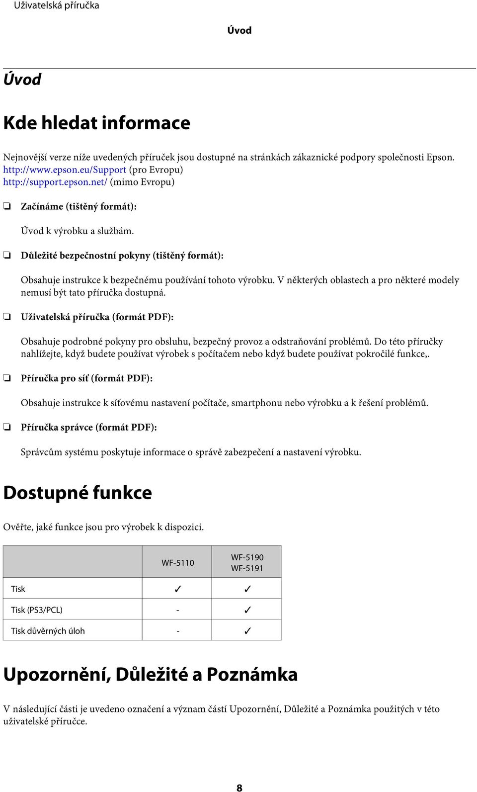 Důležité bezpečnostní pokyny (tištěný formát): Obsahuje instrukce k bezpečnému používání tohoto výrobku. V některých oblastech a pro některé modely nemusí být tato příručka dostupná.