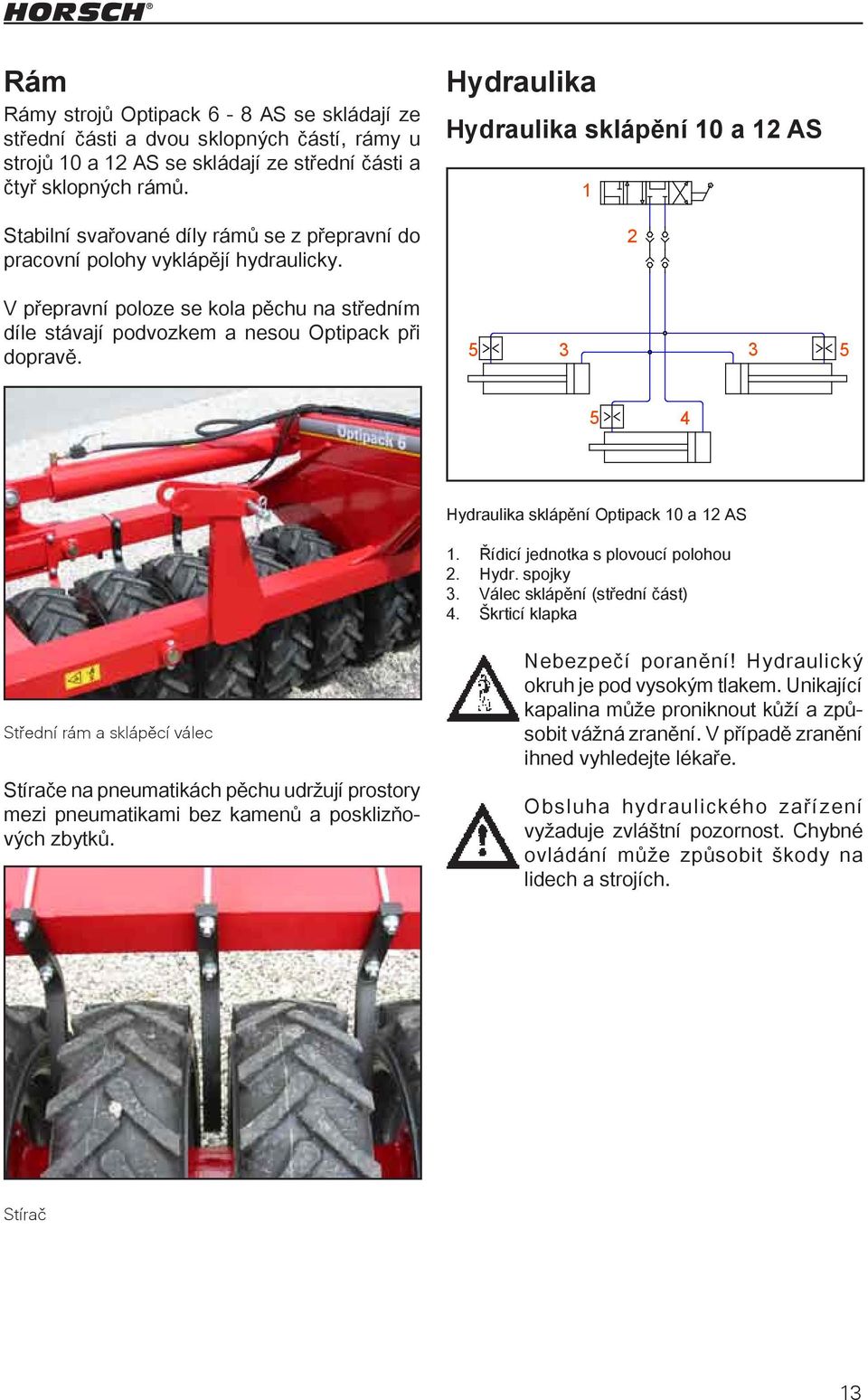 Hydraulika Hydraulika sklápění 10 a 12 AS 1 2 V přepravní poloze se kola pěchu na středním díle stávají podvozkem a nesou Optipack při dopravě.