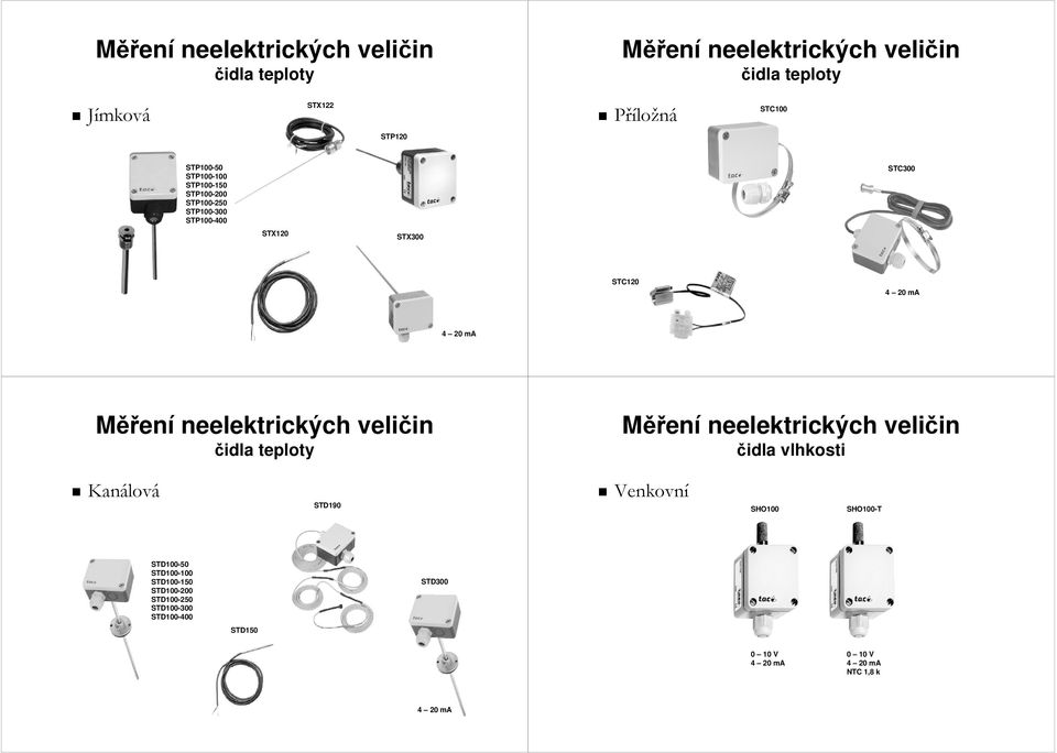 STX300 STC120 čidla teploty čidla vlhkosti Kanálová STD190 Venkovní SHO100 SHO100-T