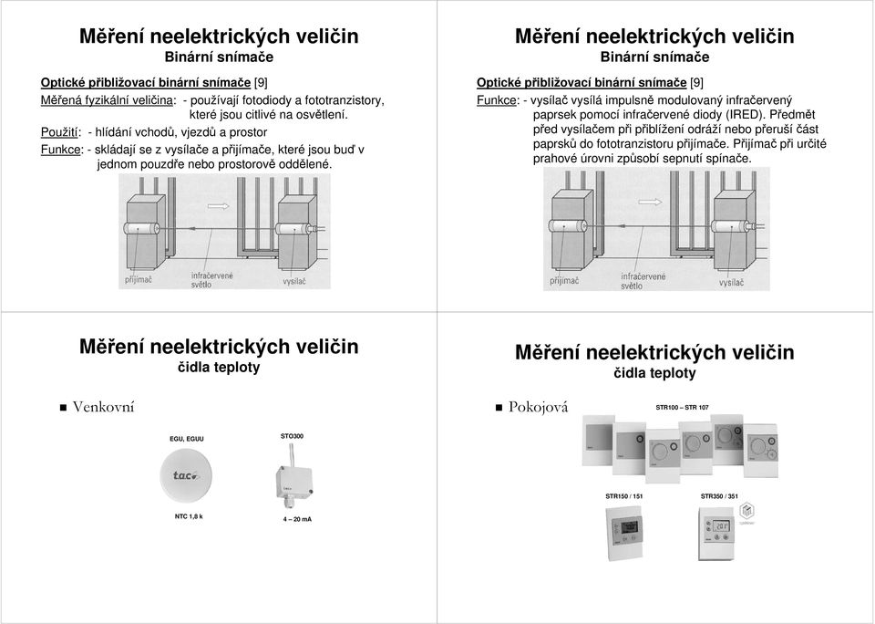 Binární snímače Optické přibližovací binární snímače [9] Funkce: - vysílač vysílá impulsně modulovaný infračervený paprsek pomocí infračervené diody (IRED).