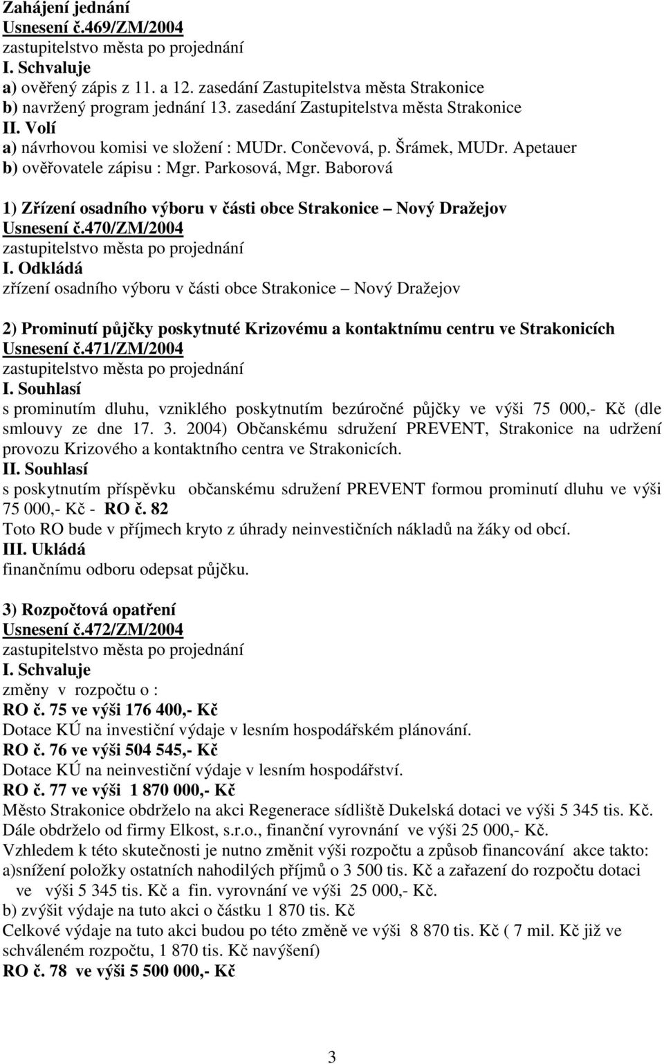 Baborová 1) Zřízení osadního výboru v části obce Strakonice Nový Dražejov Usnesení č.470/zm/2004 I.