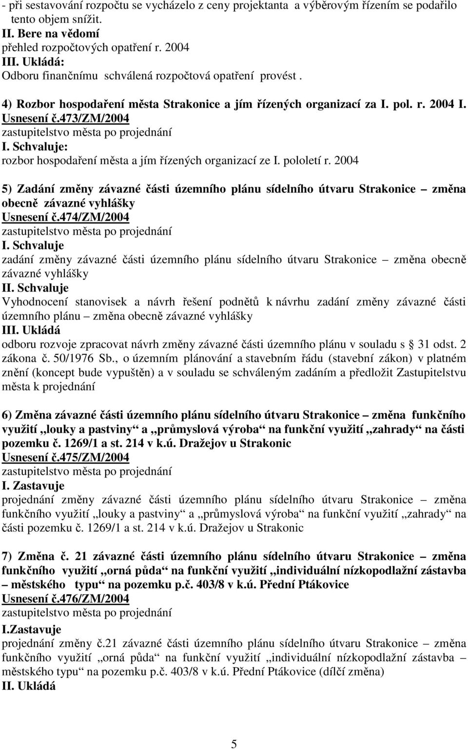 Schvaluje: rozbor hospodaření města a jím řízených organizací ze I. pololetí r. 2004 5) Zadání změny závazné části územního plánu sídelního útvaru Strakonice změna obecně závazné vyhlášky Usnesení č.