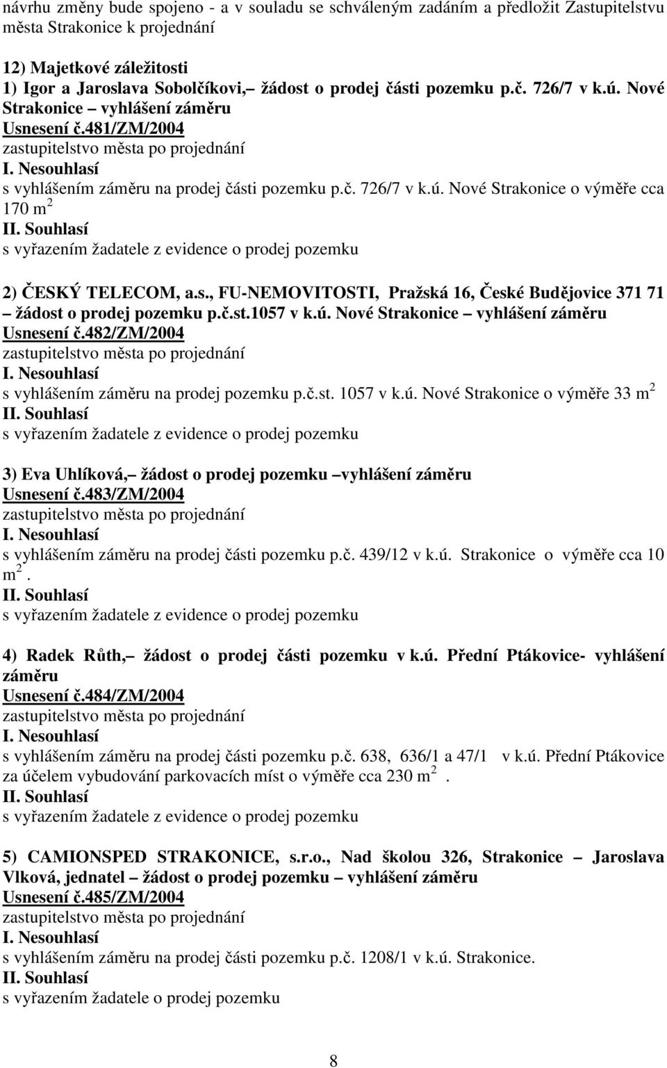 s., FU-NEMOVITOSTI, Pražská 16, České Budějovice 371 71 žádost o prodej pozemku p.č.st.1057 v k.ú. Nové Strakonice vyhlášení záměru Usnesení č.482/zm/2004 s vyhlášením záměru na prodej pozemku p.č.st. 1057 v k.