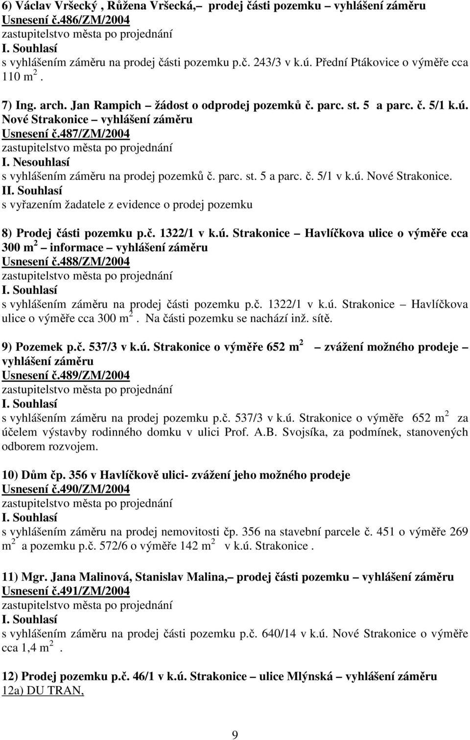 ú. Nové Strakonice. I s vyřazením žadatele z evidence o prodej pozemku 8) Prodej části pozemku p.č. 1322/1 v k.ú. Strakonice Havlíčkova ulice o výměře cca 300 m 2 informace vyhlášení záměru Usnesení č.