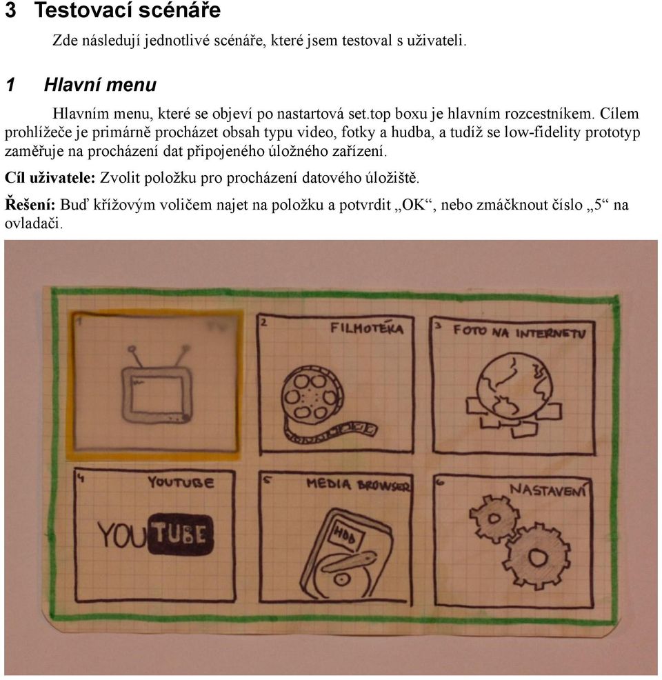 Cílem prohlížeče je primárně procházet obsah typu video, fotky a hudba, a tudíž se low-fidelity prototyp zaměřuje na