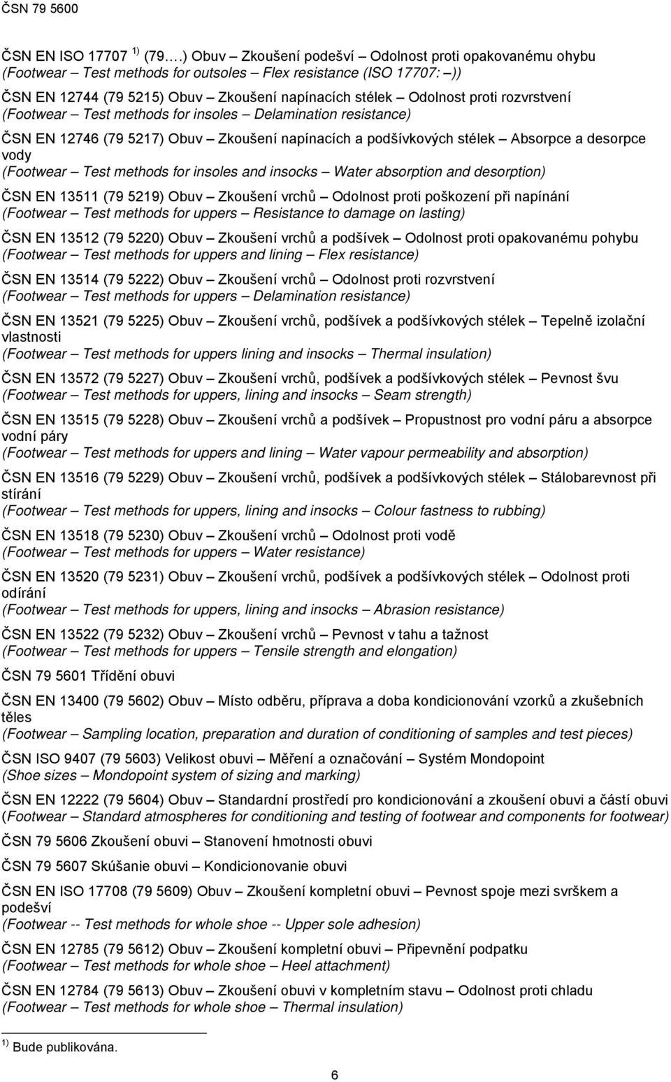 rozvrstvení (Footwear Test methods for insoles Delamination resistance) ČSN EN 12746 (79 5217) Obuv Zkoušení napínacích a podšívkových stélek Absorpce a desorpce vody (Footwear Test methods for