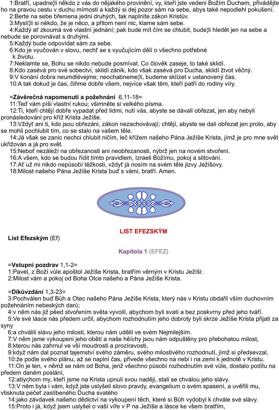 4:Každý a zkoumá své vlastní jednání; pak bude mít èím se chlubit, bude li hledìt jen na sebe a nebude se porovnávat s druhými. 5:Každý bude odpovídat sám za sebe.