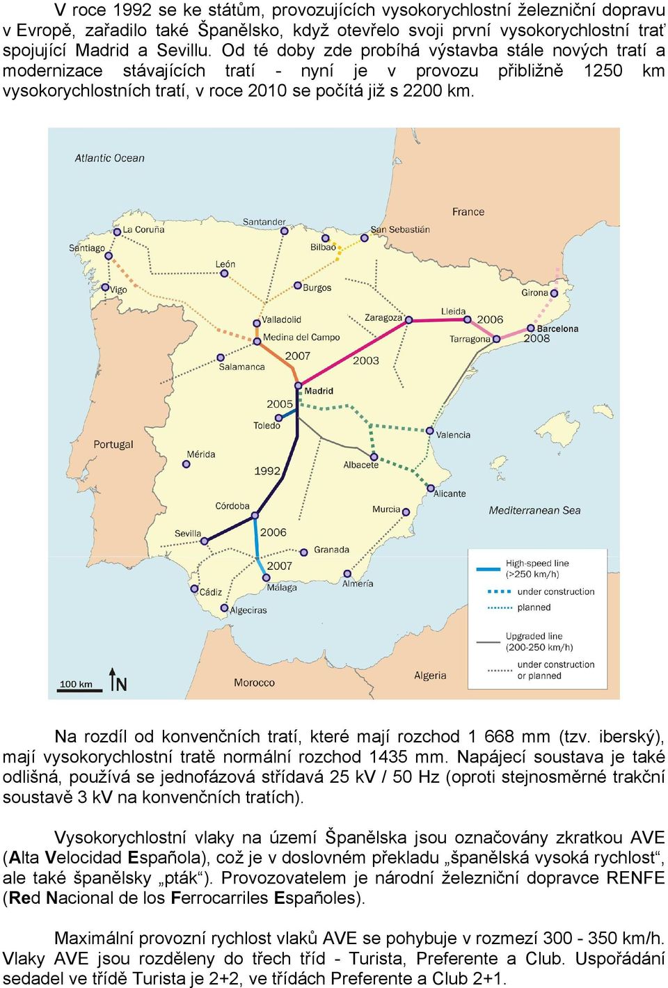 Na rozdíl od konvenčních tratí, které mají rozchod 1 668 mm (tzv. iberský), mají vysokorychlostní tratě normální rozchod 1435 mm.