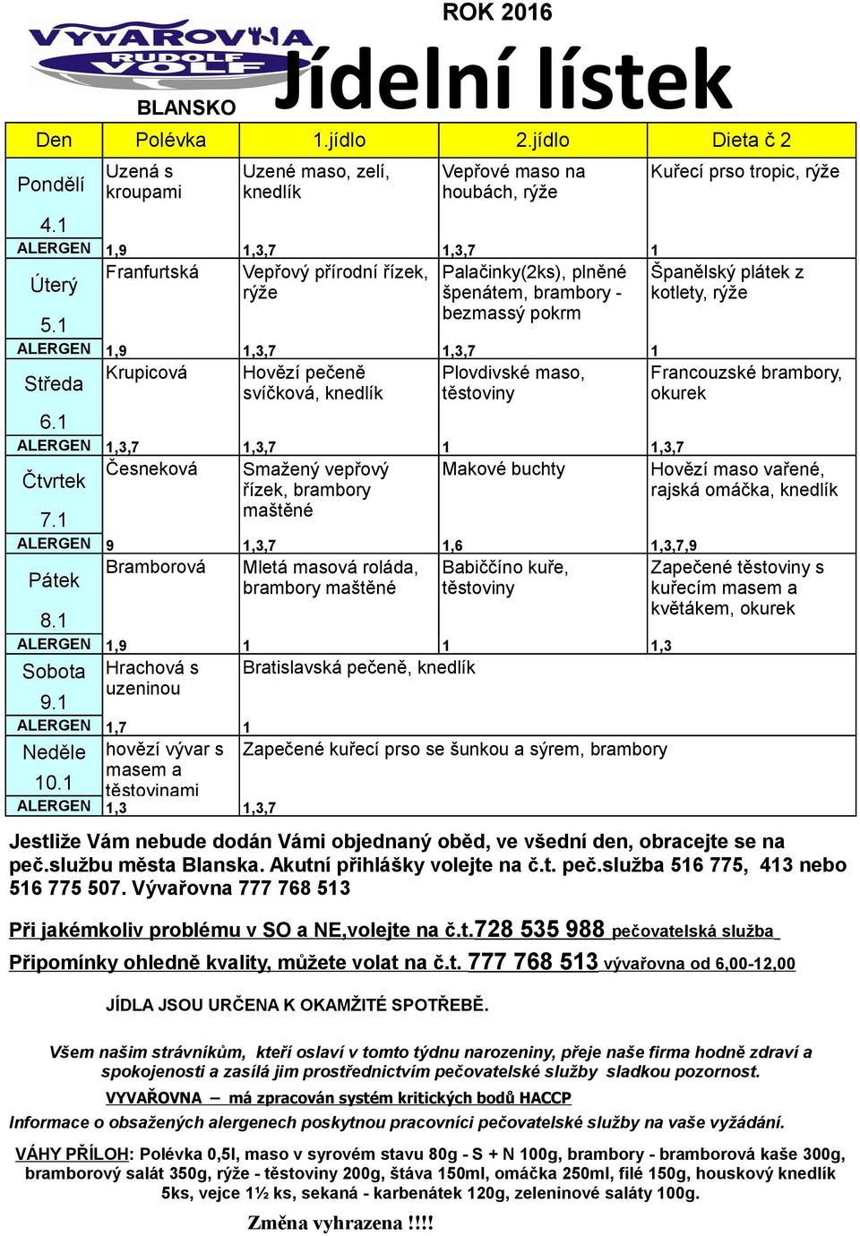 1 1,7 1 Uzené maso, zelí, knedlík Vepřový přírodní řízek, Hovězí pečeně svíčková, knedlík řízek, brambory maštěné Mletá masová roláda, Neděle hovězí vývar s Zapečené kuřecí prso se šunkou a sýrem,