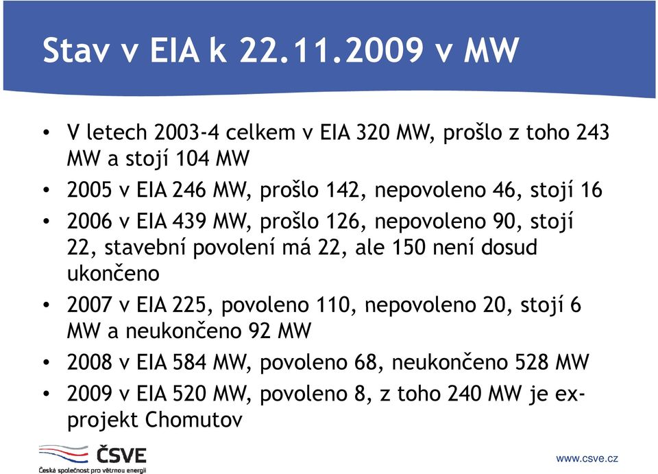 nepovoleno 46, stojí 16 2006 v EIA 439 MW, prošlo 126, nepovoleno 90, stojí 22, stavební povolení má 22, ale 150