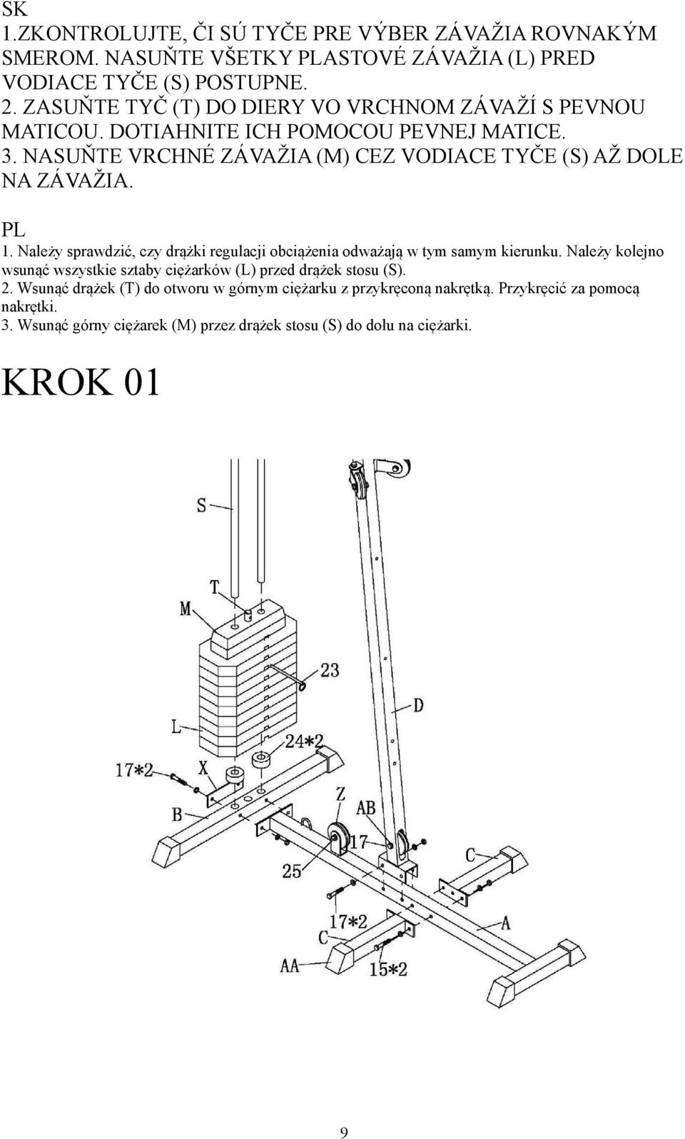 NASUŇTE VRCHNÉ ZÁVAŽIA (M) CEZ VODIACE TYČE (S) AŽ DOLE NA ZÁVAŽIA. PL 1. Należy sprawdzić, czy drążki regulacji obciążenia odważają w tym samym kierunku.