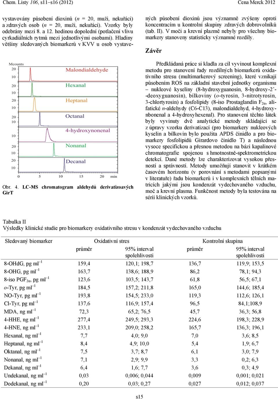 Hladiny většiny sledovaných biomarkerů v KVV u osob vystavených působení dioxinů jsou významně zvýšeny oproti koncentracím u kontrolní skupiny zdravých dobrovolníků (tab. II).