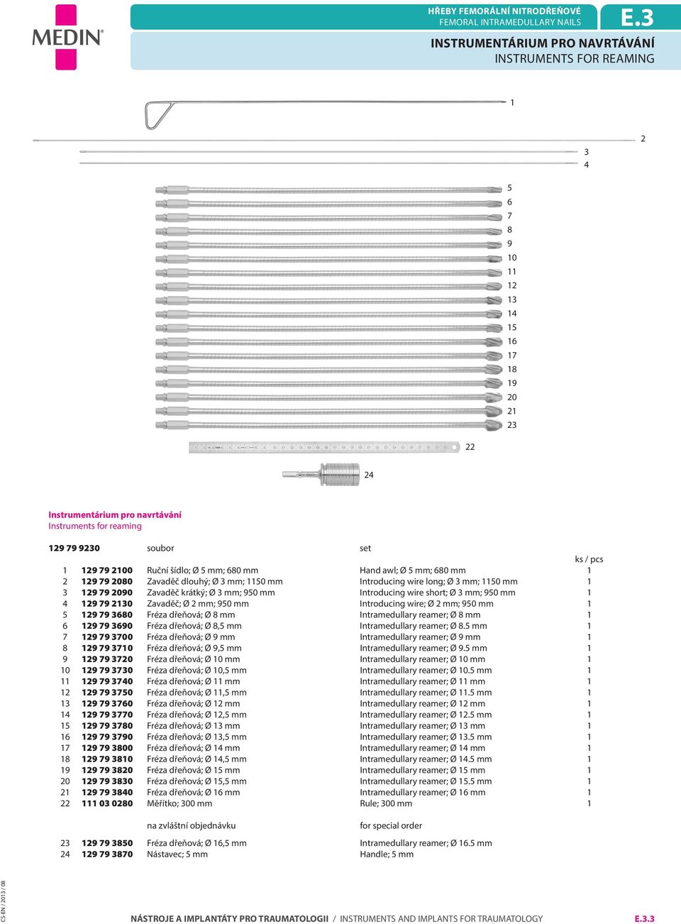 ks / pcs 1 129 79 2100 Ruční šídlo; Ø 5 mm; 680 mm Hand awl; Ø 5 mm; 680 mm 1 2 129 79 2080 Zavaděč dlouhý; Ø 3 mm; 1150 mm Introducing wire long; Ø 3 mm; 1150 mm 1 3 129 79 2090 Zavaděč krátký; Ø 3