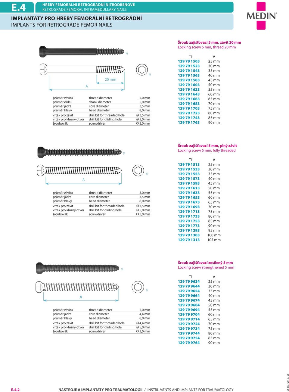 gliding hole Ø 5,0 mm šroubovák screwdriver 5,0 mm Šroub zajišťovací 5 mm, závit 20 mm Locking screw 5 mm, thread 20 mm Ti 129 79 1503 25 mm 129 79 1523 30 mm 129 79 1543 35 mm 129 79 1563 40 mm 129