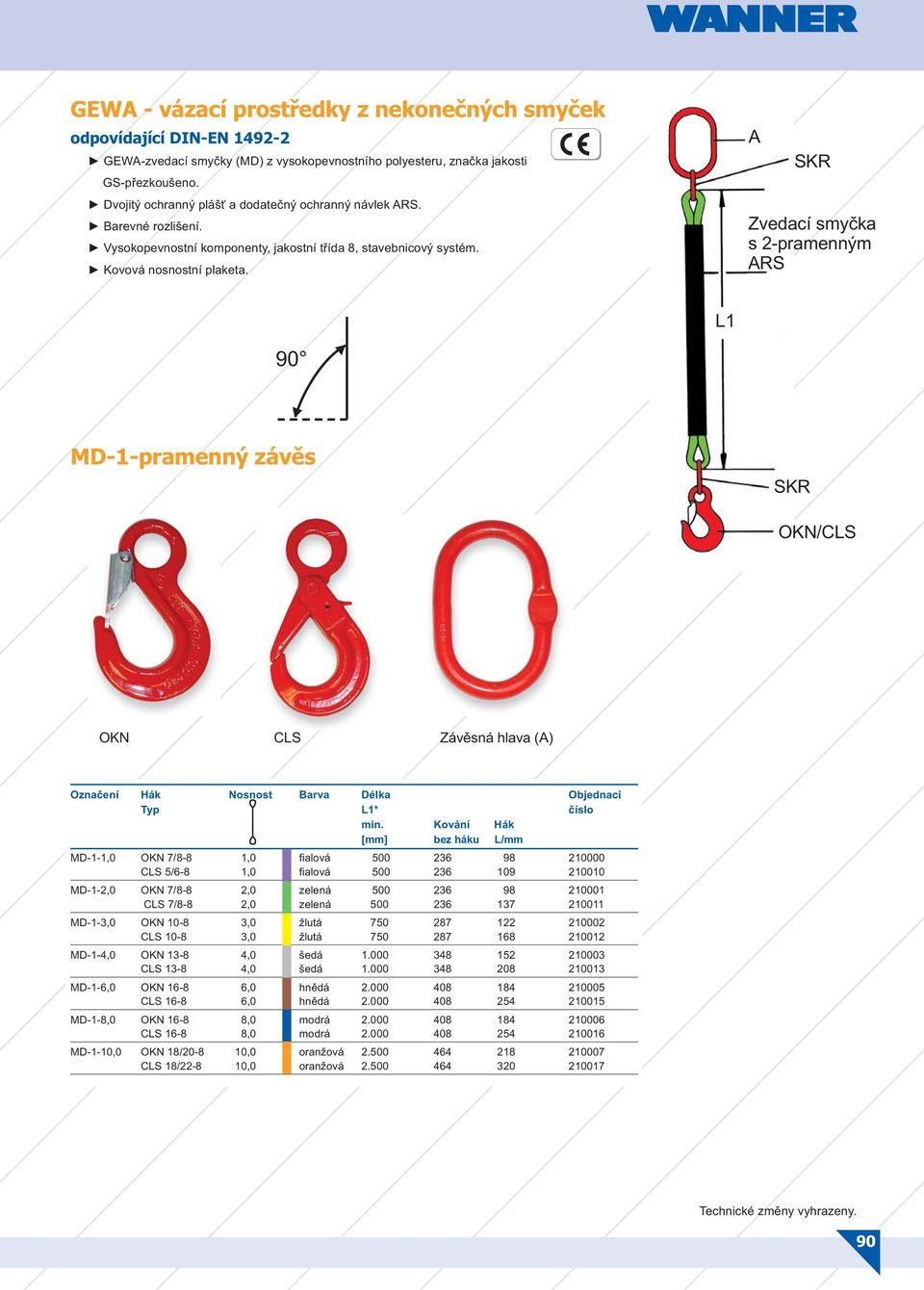 A Zvedací smyčka s 2-pramenným ARS 90 MD-1-pramenný závěs OKN/CLS OKN CLS Závěsná hlava (A) Označení Hák Nosnost Barva Délka Objednací Typ * číslo min.