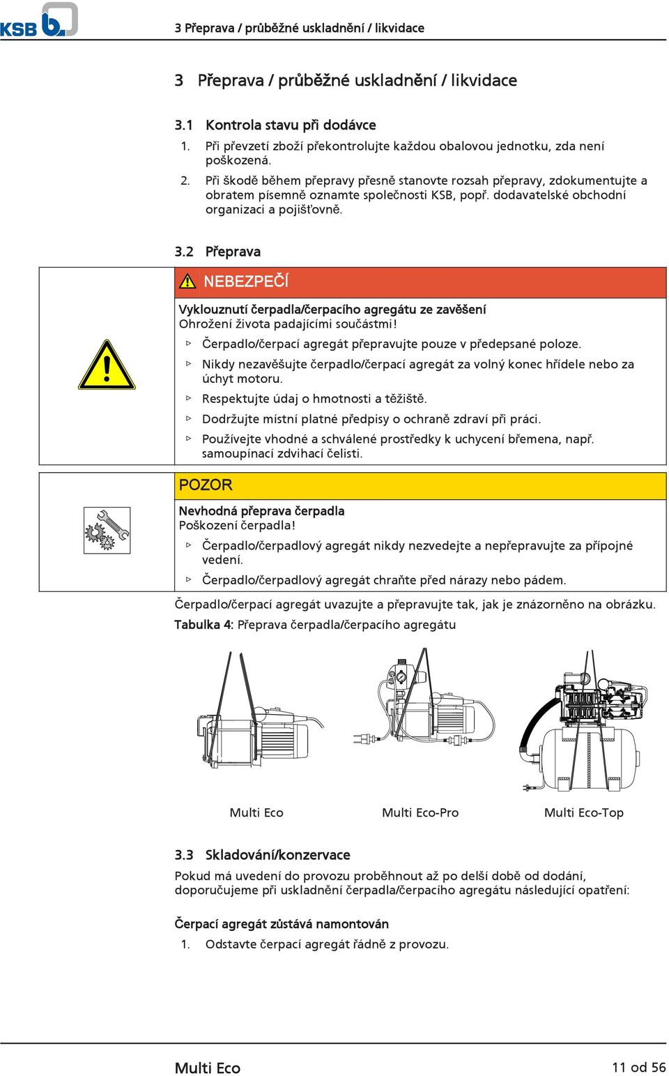 Při škodě během přepravy přesně stanovte rozsah přepravy, zdokumentujte a obratem písemně oznamte společnosti KSB, popř. dodavatelské obchodní organizaci a pojišťovně. 3.