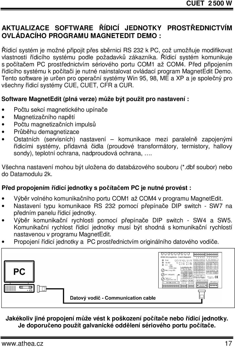 Před připojením řídícího systému k počítači je nutné nainstalovat ovládací program MagnetEdit Demo.