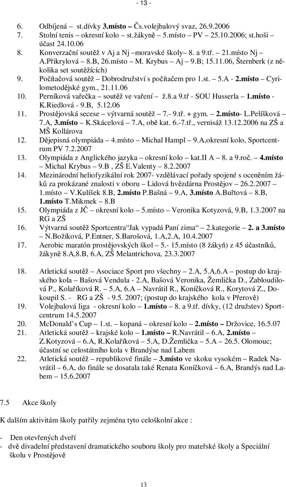 Perníková vaeka soutž ve vaení ž.8.a 9.t - SOU Husserla 1.místo - K.Riedlová - 9.B, 5.12.06 11. Prostjovská secese výtvarná soutž 7.- 9.t. + gym. 2.místo- L.Pelíšková 7.A, 3.místo K.Skácelová 7.