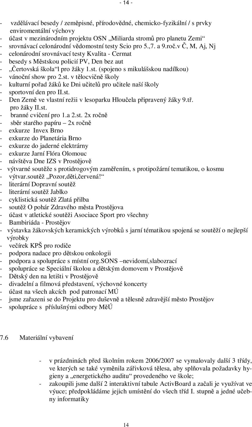 st. v tlocvin školy - kulturní poad žák ke Dni uitel pro uitele naší školy - sportovní den pro II.st. - Den Zem ve vlastní režii v lesoparku Hlouela pipravený žáky 9.t. pro žáky II.st. - branné cviení pro 1.