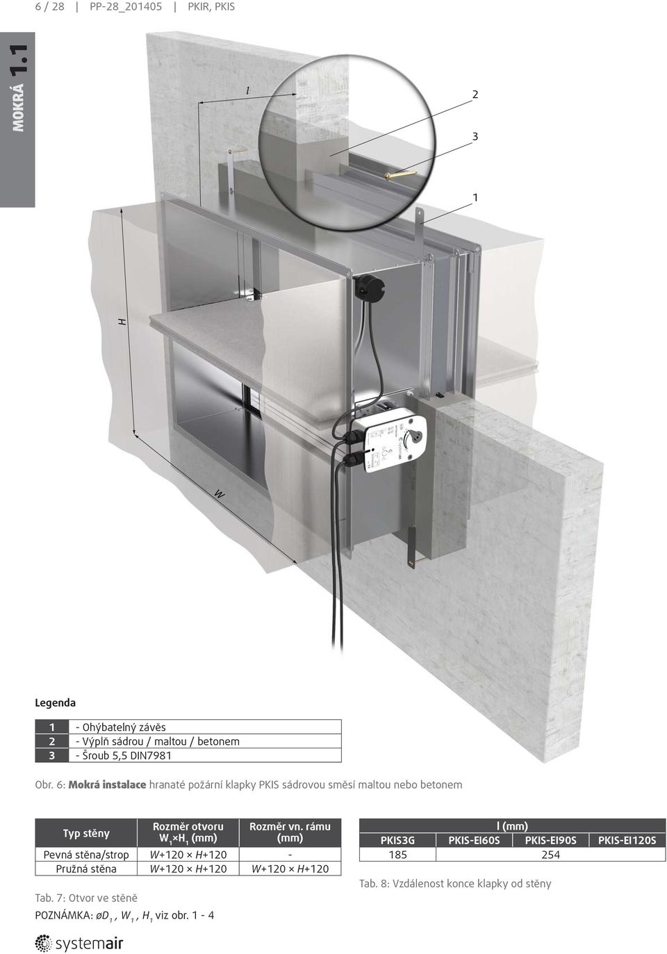 6: Mokrá instalace hranaté požární klapky PKIS sádrovou směsí maltou nebo betonem Typ stěny Rozměr otvoru Rozměr