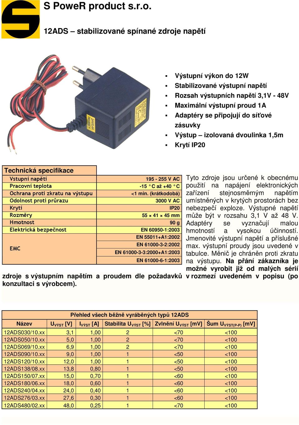 napájení elektronických Ochrana proti zkratu na výstupu <1 min.