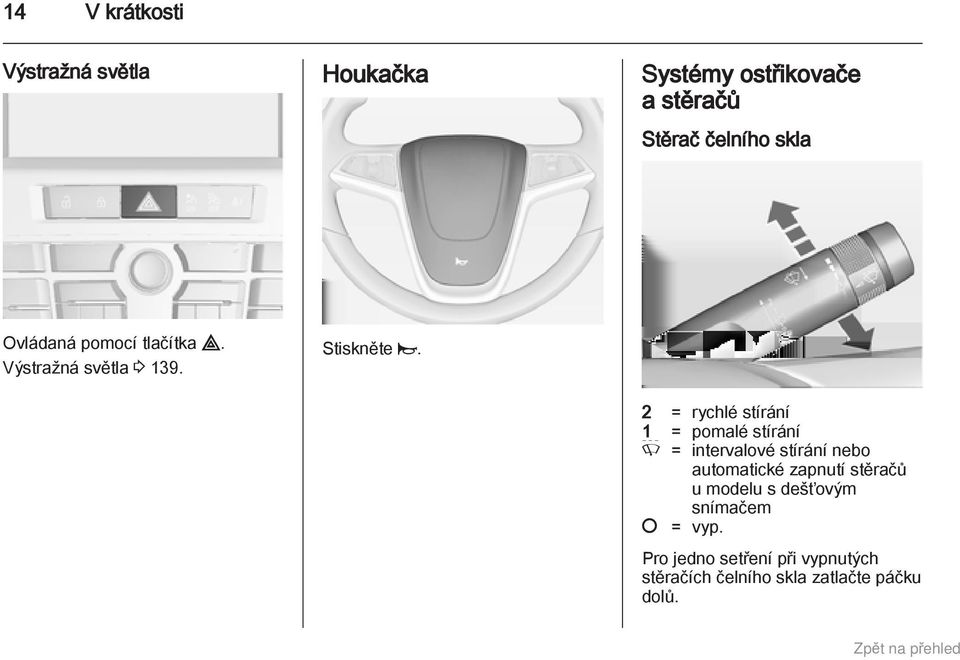 2 = rychlé stírání 1 = pomalé stírání P = intervalové stírání nebo automatické zapnutí