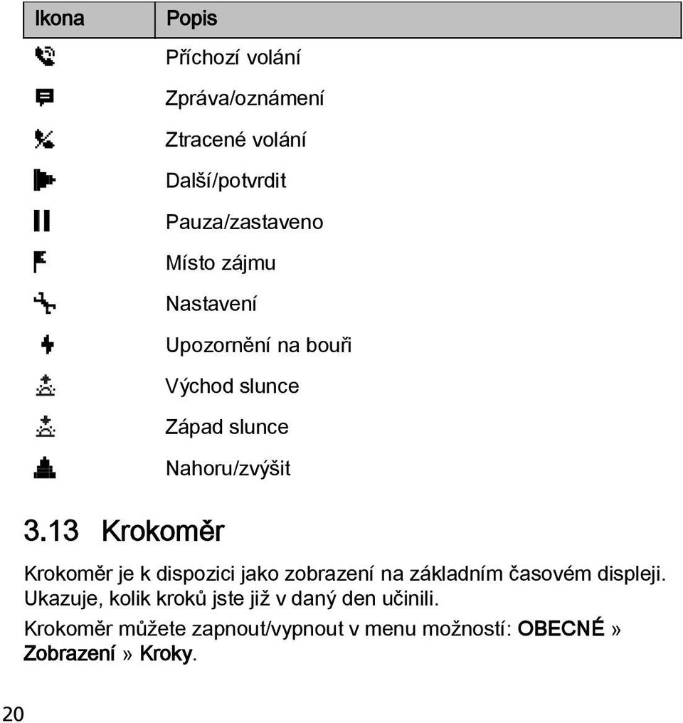 13 Krokoměr Upozornění na bouři Východ slunce Západ slunce Nahoru/zvýšit Krokoměr je k dispozici