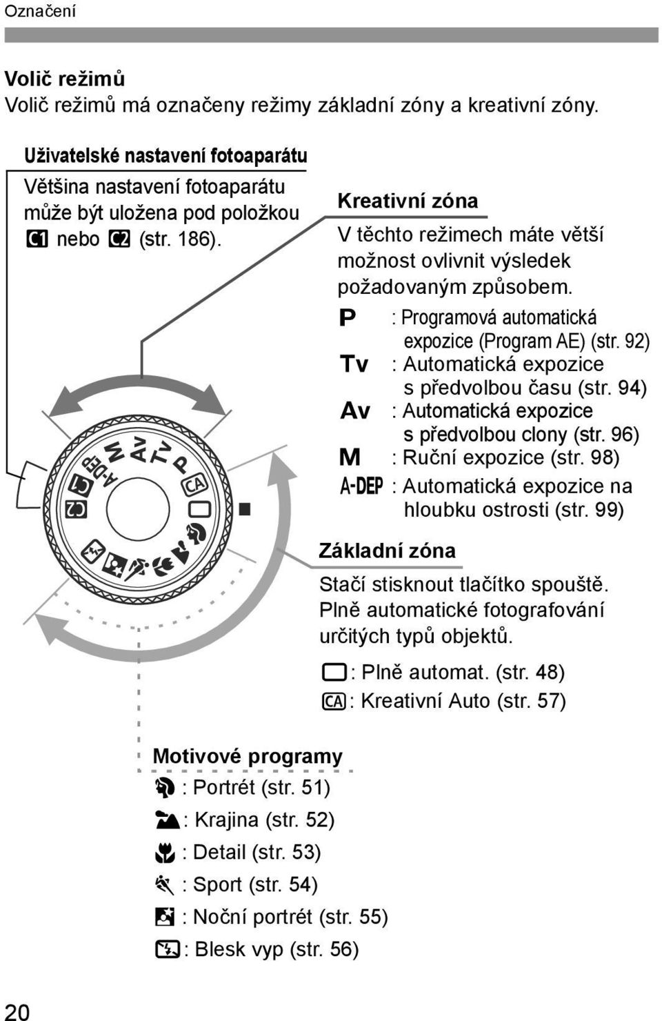 56) Kreativní zóna Vtěchto režimech máte větší možnost ovlivnit výslede požadovaným způsobem. d : Programová automaticá expozice (Program AE) (str. 92) s : Automaticá expozice spředvolbou času (str.