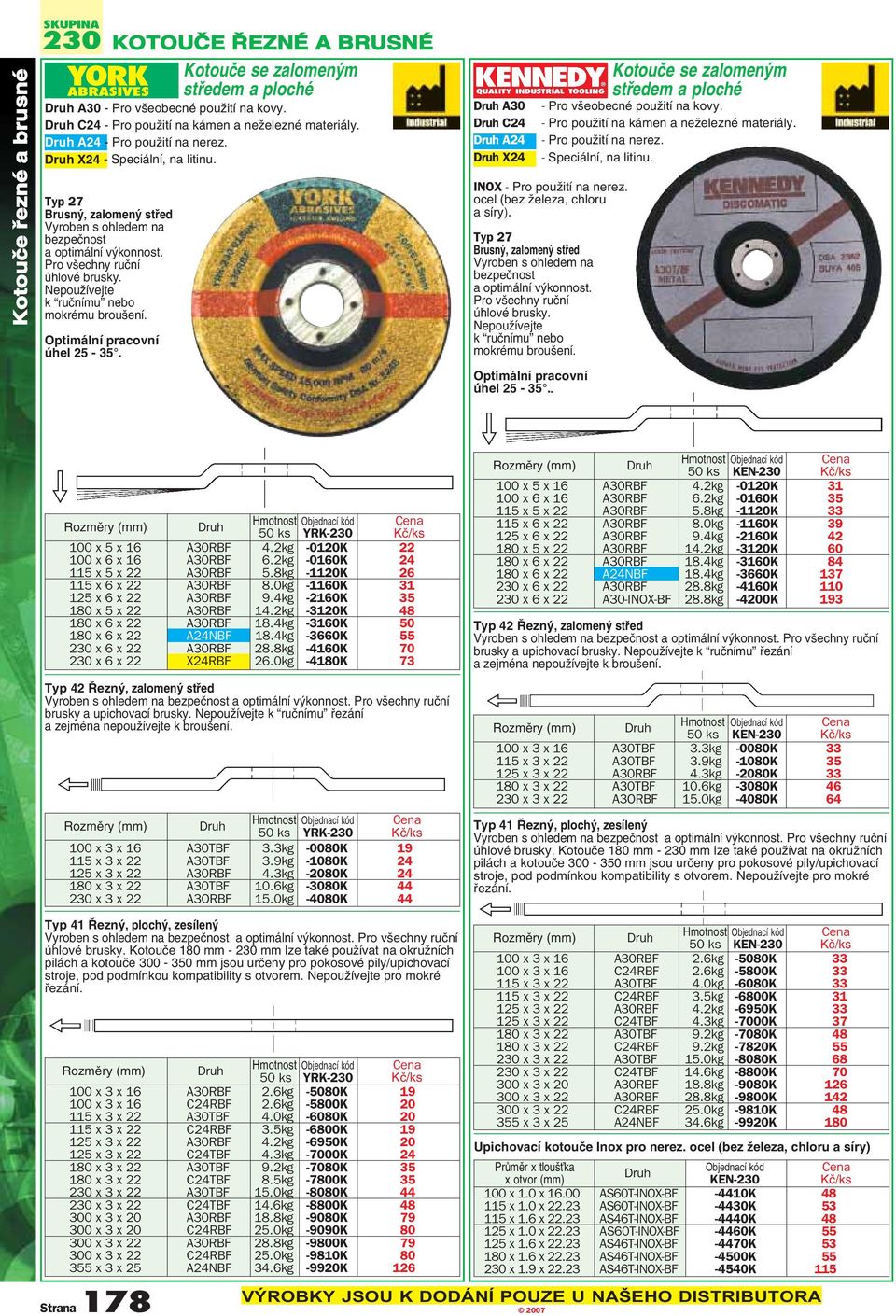 NepouÏívejte k ruãnímu nebo mokrému brou ení. Optimální pracovní úhel 25-35. Druh A30 Druh C24 Druh A24 Druh X24 Kotouãe se zalomen m stfiedem a ploché - Pro v eobecné pouïití na kovy.