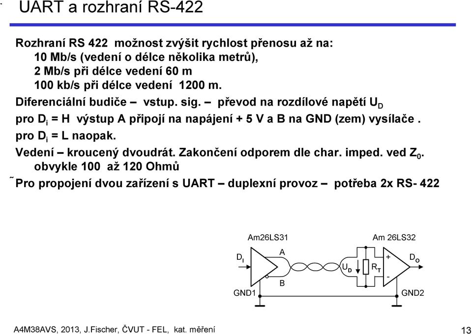 převod na rozdílové napětí U D pro D i = H výstup A připojí na napájení + 5 V a B na GND (zem) vysílače. pro D i = L naopak. Vedení kroucený dvoudrát.