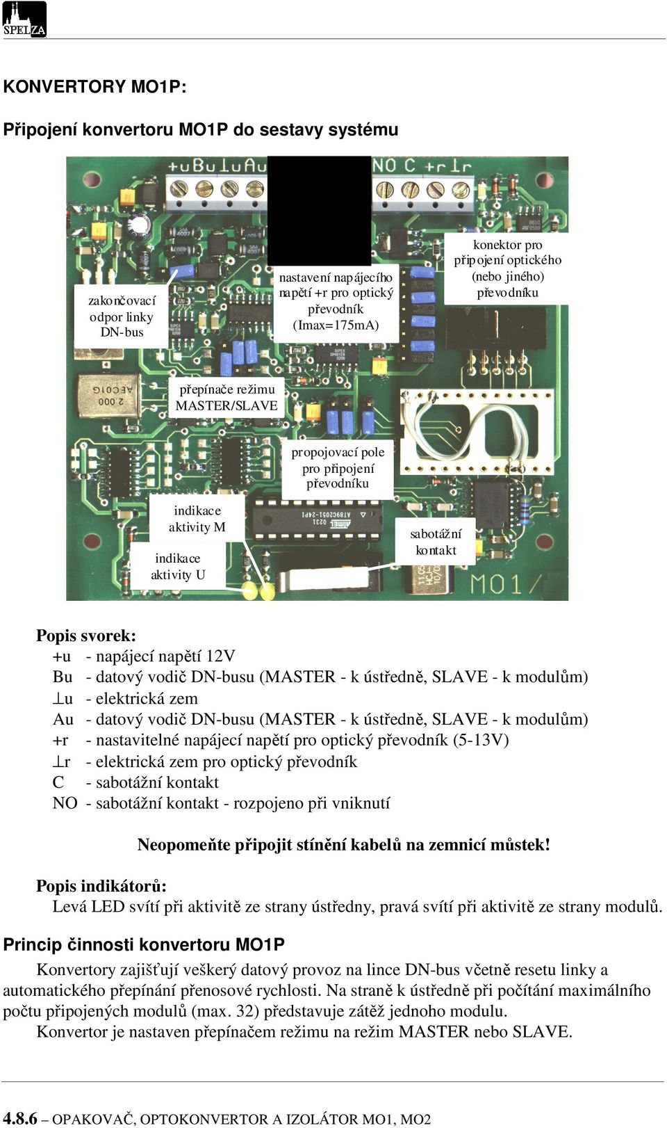 ústředně, SLAVE - k modulům) u - elektrická zem Au - datový vodič u (MASTER - k ústředně, SLAVE - k modulům) +r - nastavitelné napájecí napětí pro optický převodník (5-13V) r - elektrická zem pro