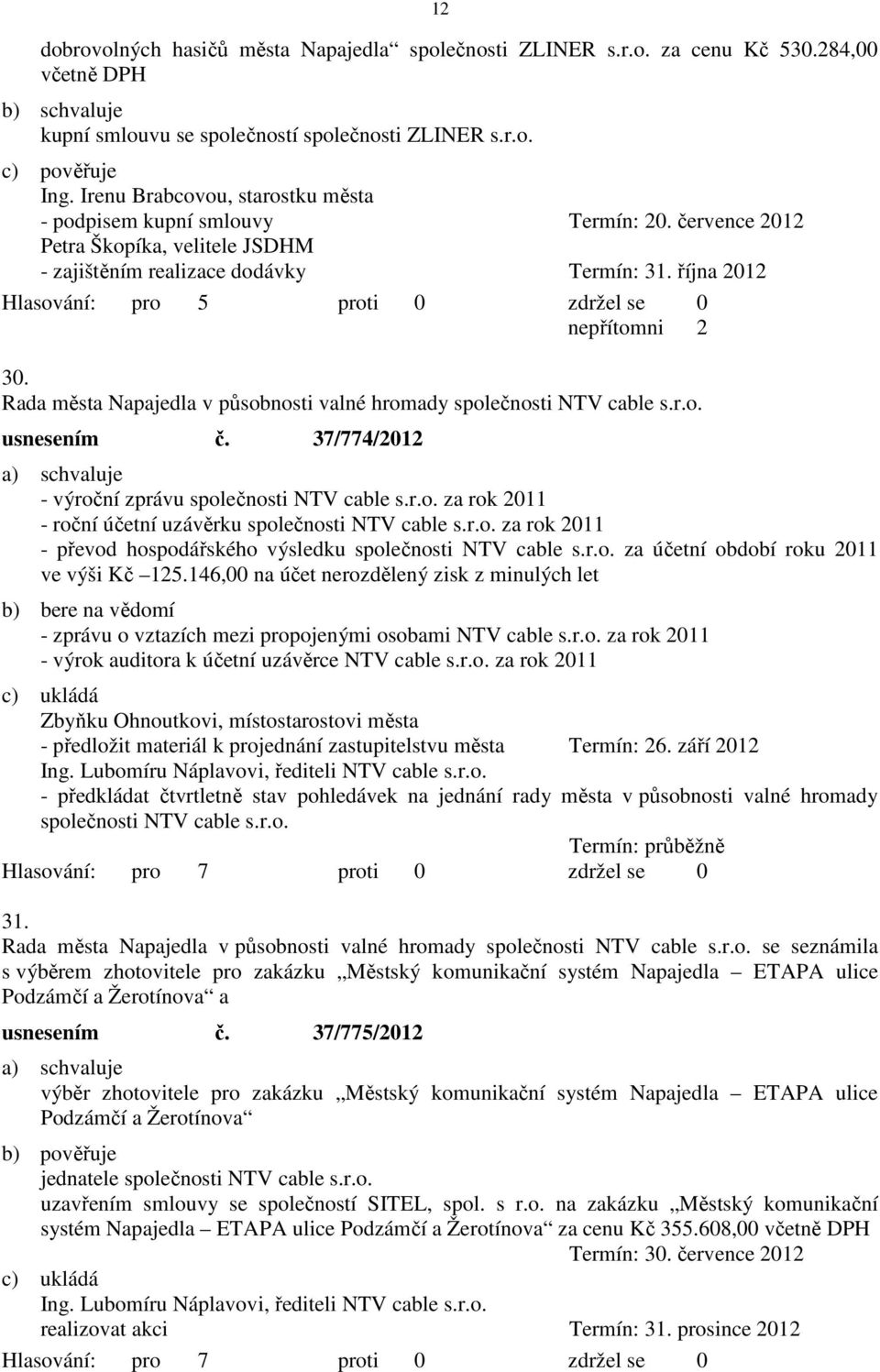 Rada města Napajedla v působnosti valné hromady společnosti NTV cable s.r.o. usnesením č. 37/774/2012 - výroční zprávu společnosti NTV cable s.r.o. za rok 2011 - roční účetní uzávěrku společnosti NTV cable s.