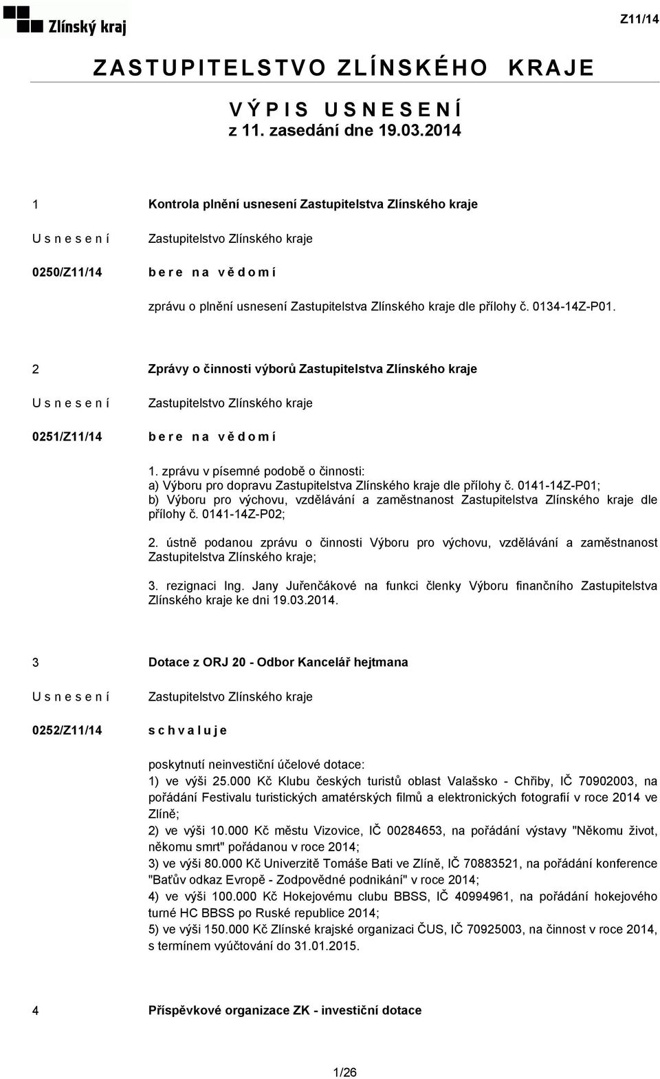 2 Zprávy o činnosti výborů Zastupitelstva Zlínského kraje 0251/Z11/14 bere na vědomí 1. zprávu v písemné podobě o činnosti: a) Výboru pro dopravu Zastupitelstva Zlínského kraje dle přílohy č.