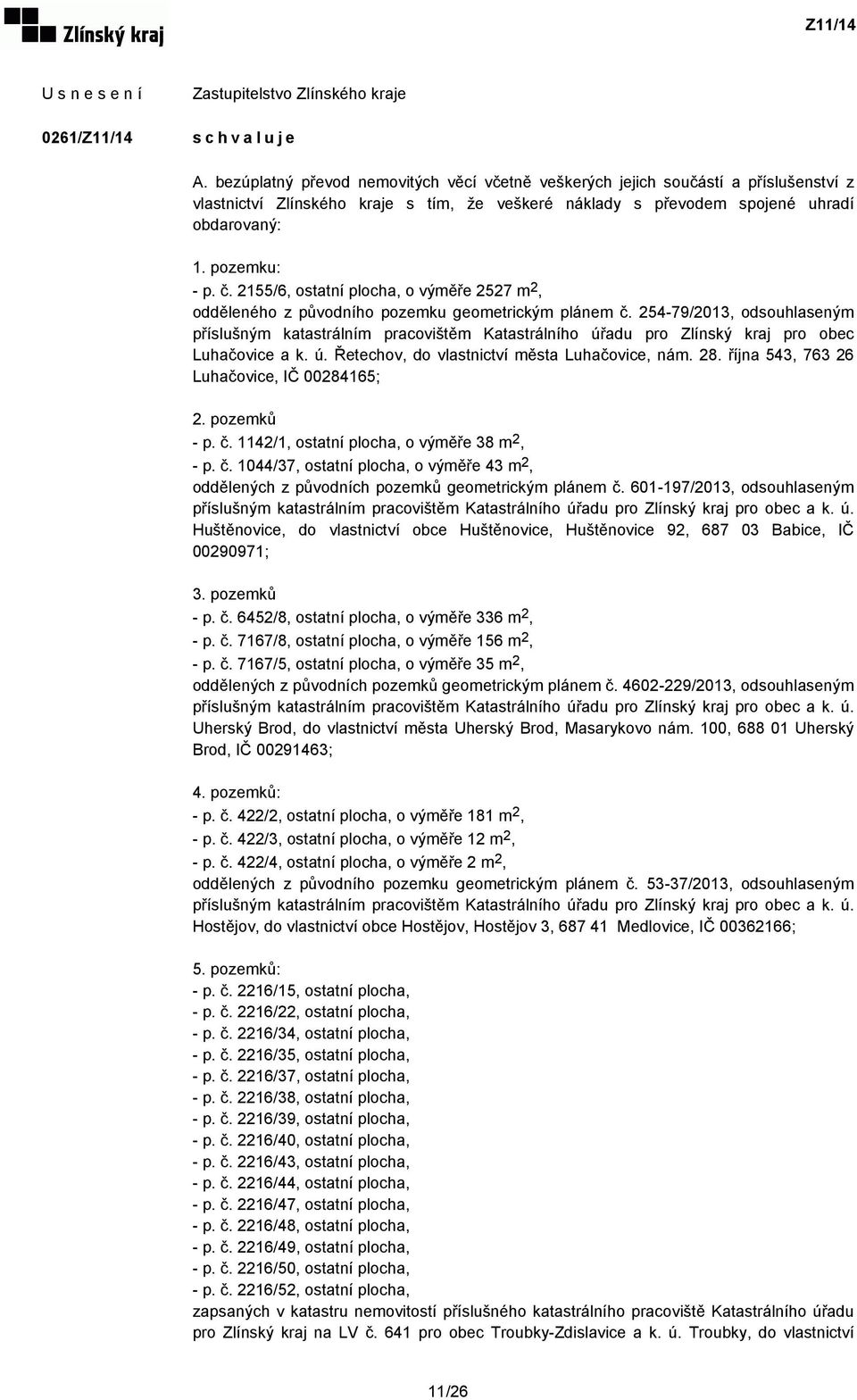 254-79/2013, odsouhlaseným příslušným katastrálním pracovištěm Katastrálního úřadu pro Zlínský kraj pro obec Luhačovice a k. ú. Řetechov, do vlastnictví města Luhačovice, nám. 28.